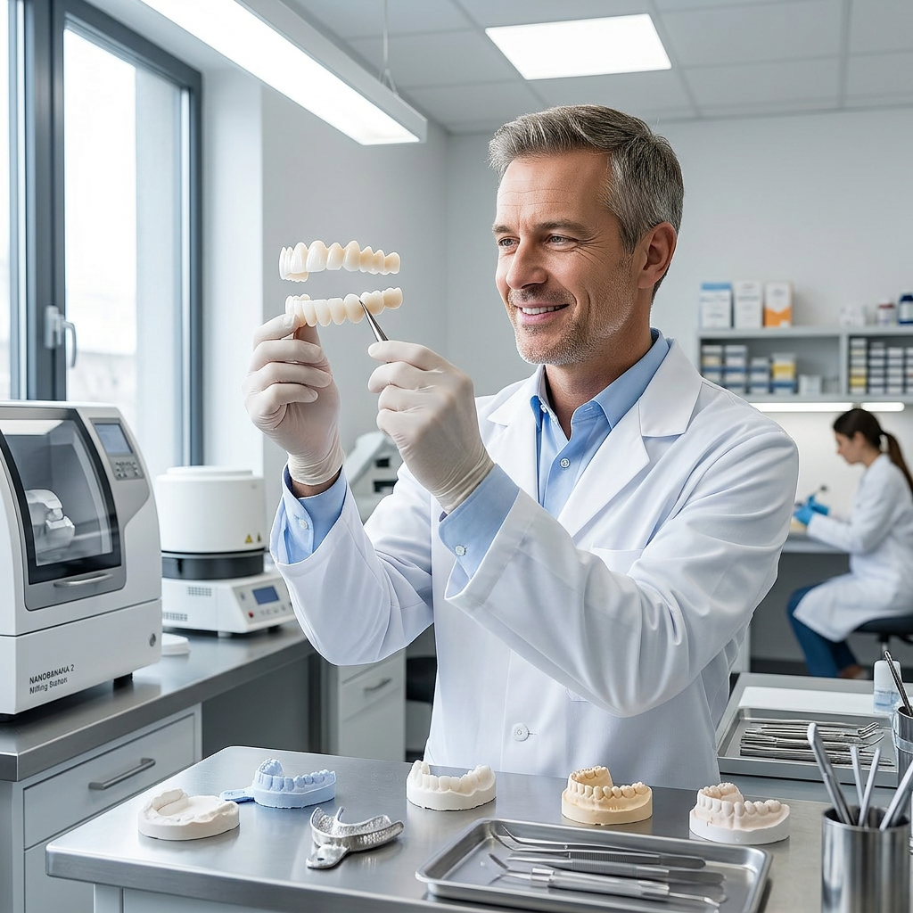 Dentist inspecting custom snap-on veneers in his Texas lab